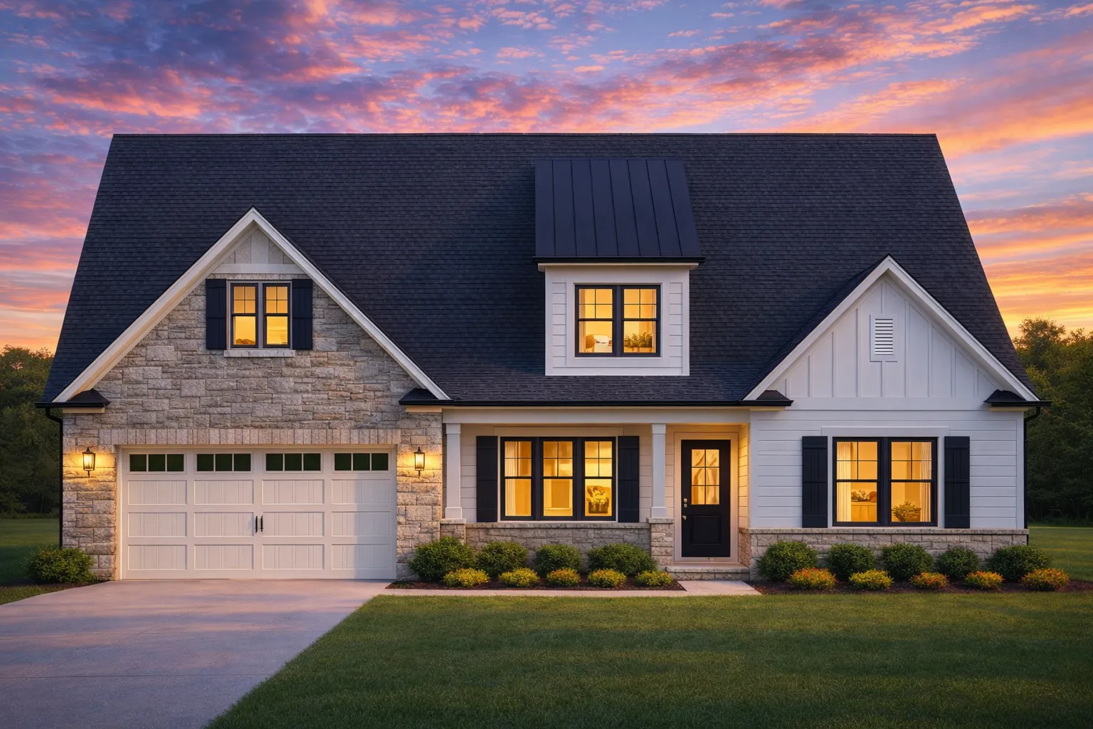 House Plans 7 Front elevation of a Modern Farmhouse home featuring stone accents, board-and-batten siding, horizontal lap siding, and a welcoming covered porch