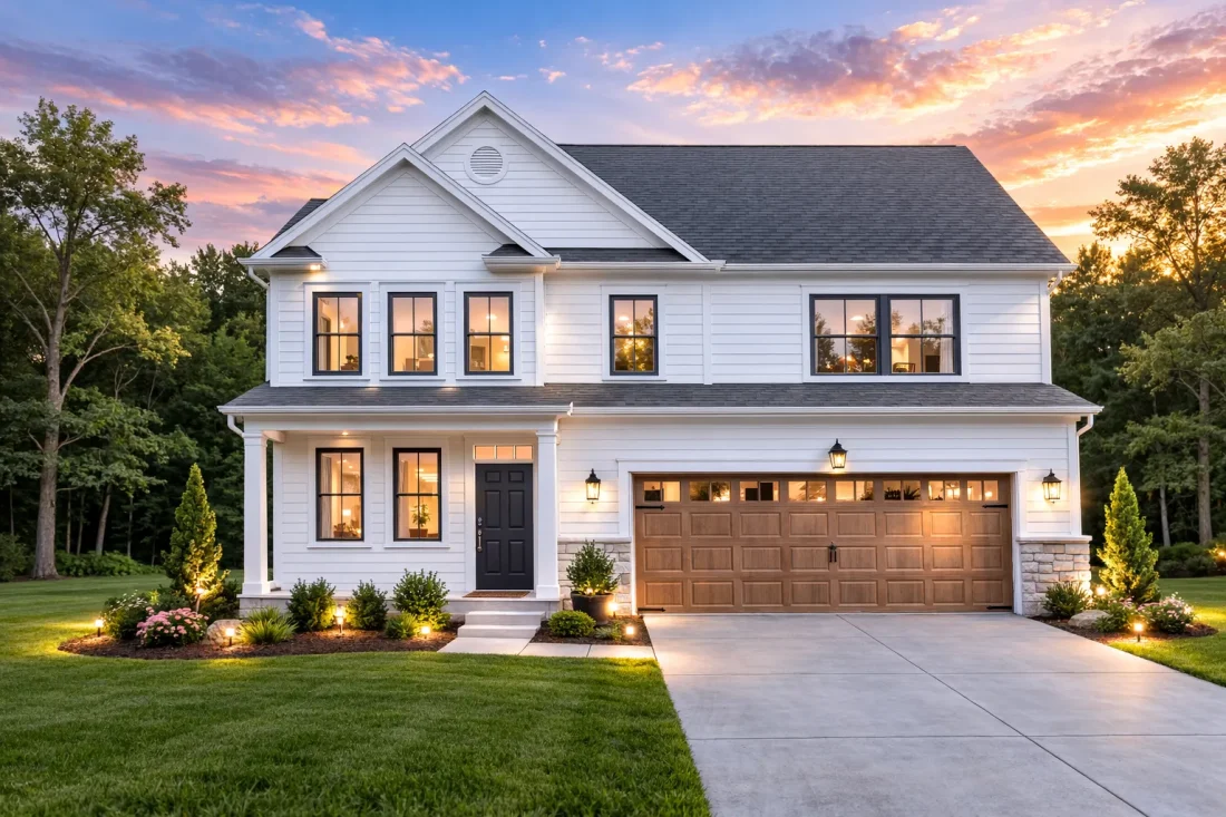 Front elevation of a Modern Traditional New American style home with horizontal siding, stone base accents, black windows, and an attached two-car garage