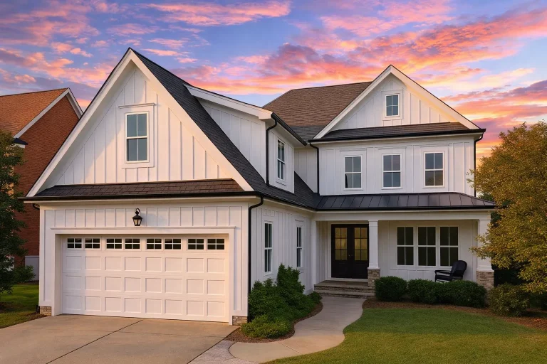 Front exterior of Shingle Style Coastal Traditional home with shingle siding, gabled rooflines, and inviting front entry
