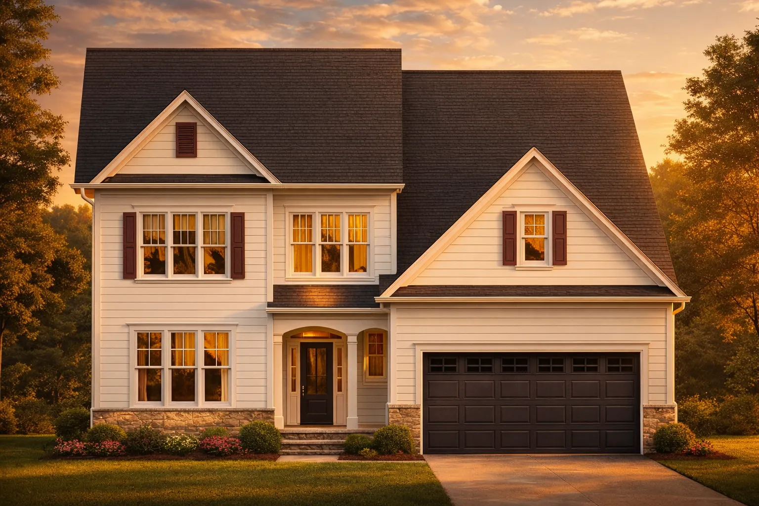 Front elevation of a New American traditional two-story house with white lap siding, stone accents, dark garage doors, and symmetrical windows