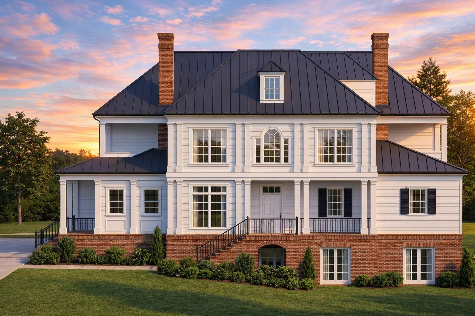 Front elevation of a Neo-Colonial coastal traditional home with white lap siding, raised stone foundation, brick chimneys, and symmetrical window design