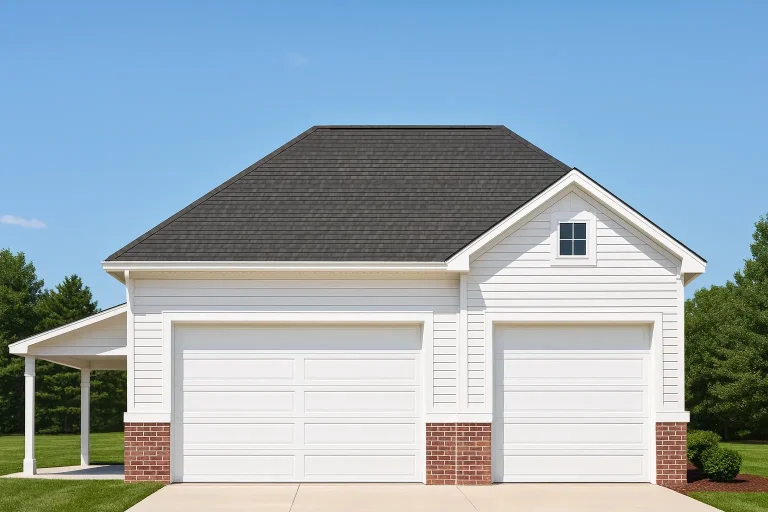 Front elevation of traditional two-car garage with horizontal lap siding, brick wainscot base, and gable roof