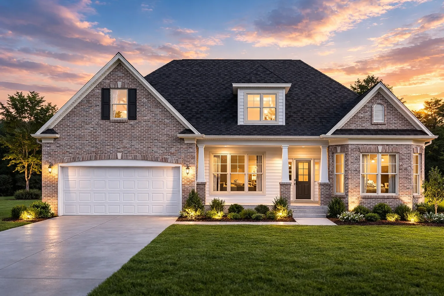 Front elevation of a Modern Farmhouse home featuring stone accents, board-and-batten siding, horizontal lap siding, and a welcoming covered porch