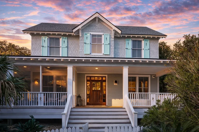 Front elevation of a Colonial Farmhouse style home featuring horizontal siding, board and batten gable, brick foundation, and a full-width covered porch