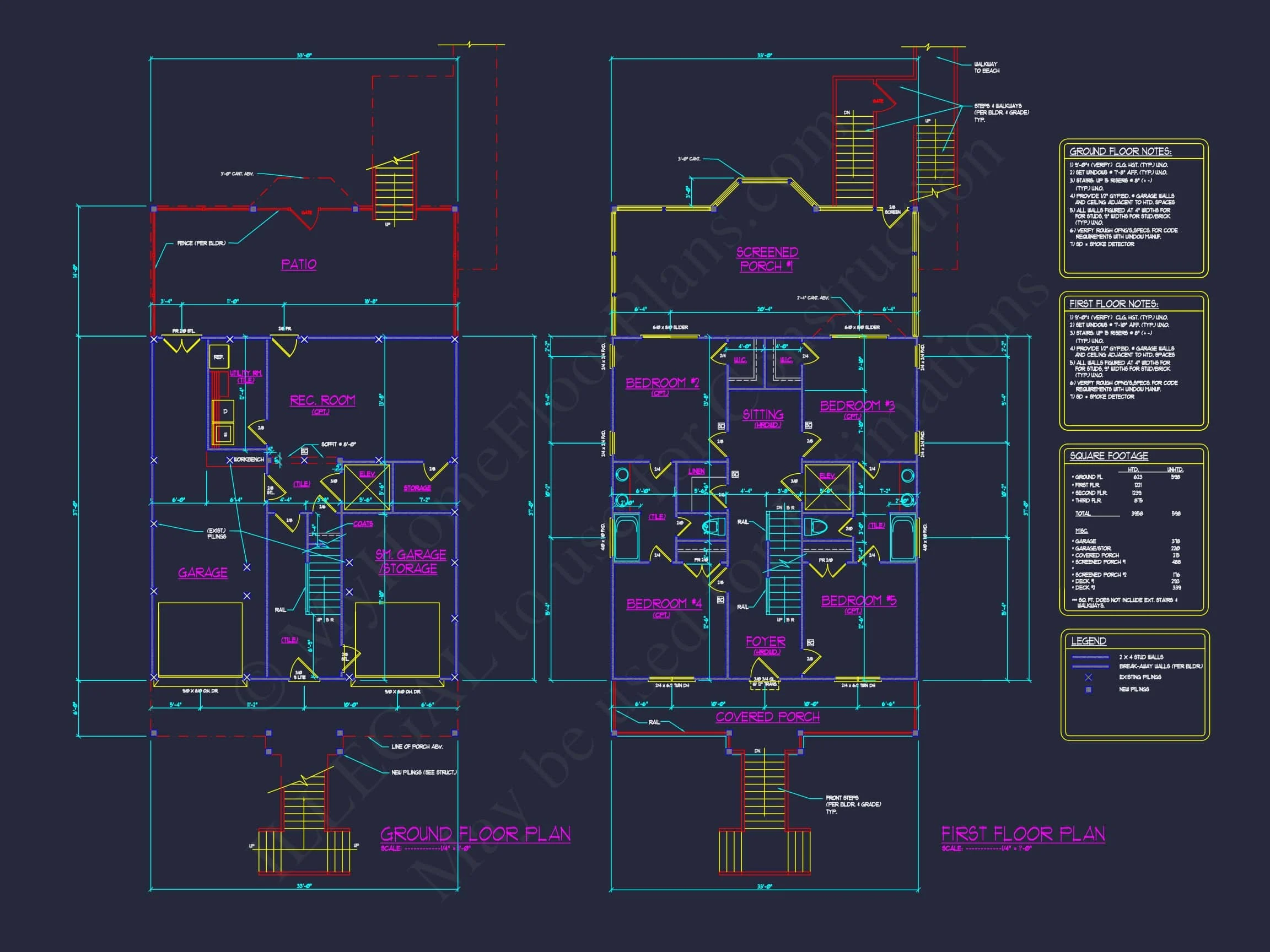 9-1754 HOUSE PLAN - Modern Beach House Plan with 3 Floors, CAD Blueprint Designs 11 Modern 3-Story Beach House Plan with 5 Bedrooms and Open Floor Layout
