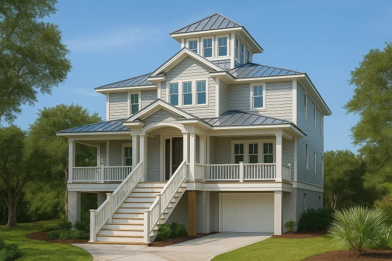 Front elevation of a coastal beach house with elevated foundation, horizontal siding, standing seam metal roof, and wraparound porches