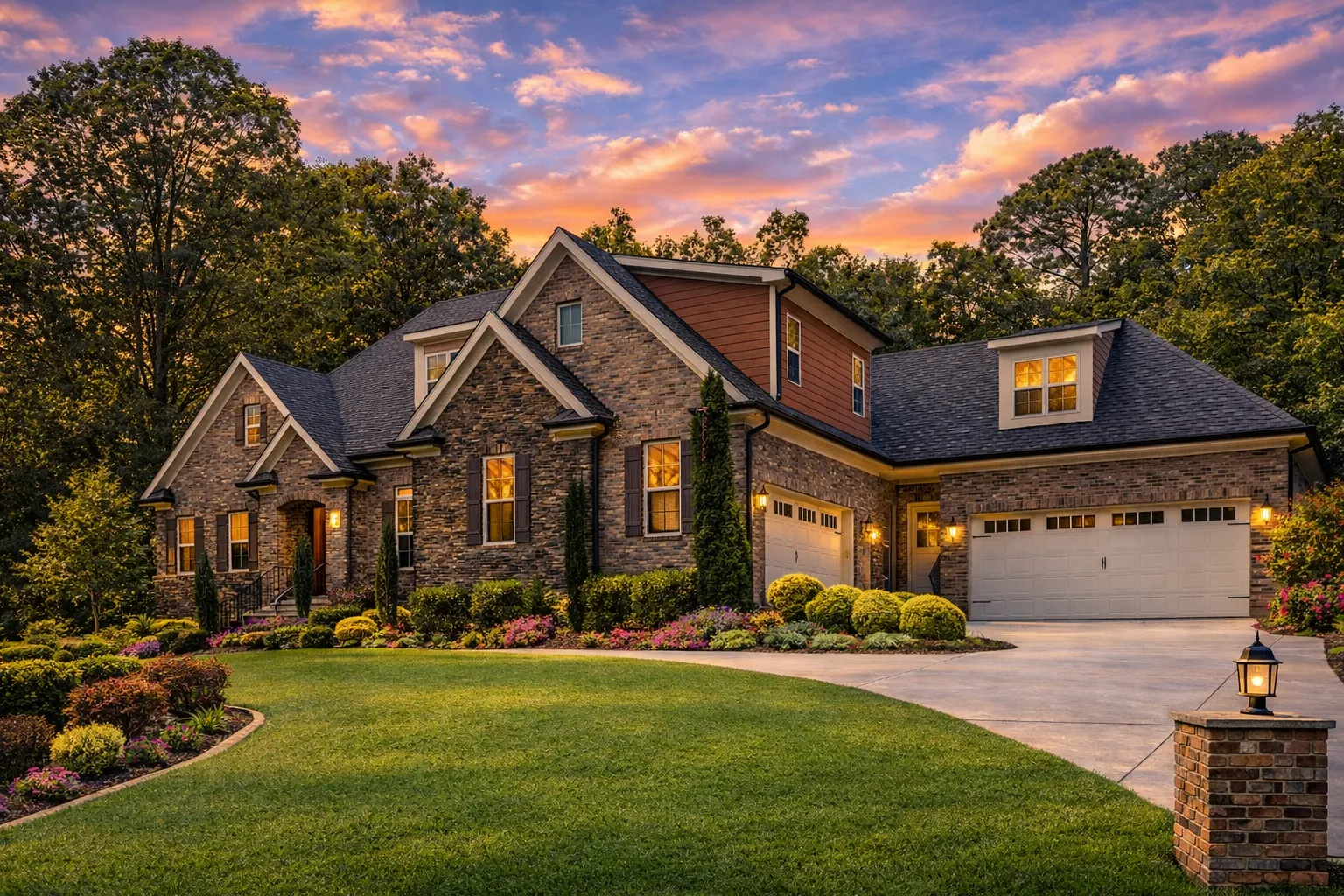 Front elevation of a New American modern traditional house with painted brick, horizontal siding, steep gable rooflines, and an attached two-car garage