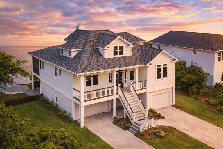 Front elevation of Coastal Traditional elevated beach house with lap siding, metal roof accents, double porches, and exterior staircase