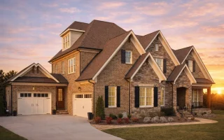 Front elevation of a Traditional Colonial and New American style home with brick exterior, steep gabled rooflines, and classic window detailing