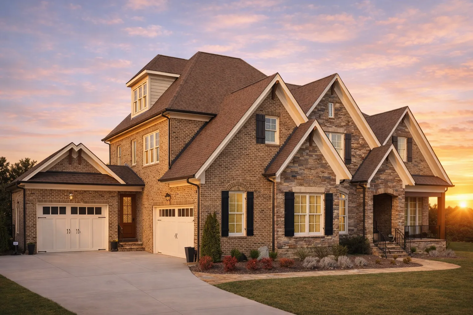 Front elevation of a Traditional Colonial and New American style home with brick exterior, steep gabled rooflines, and classic window detailing