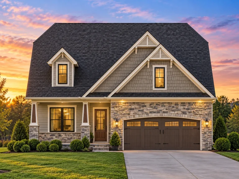 Southwestern House Plans 16 Front elevation of New American traditional home with brick exterior, shake siding gable, and two-car garage