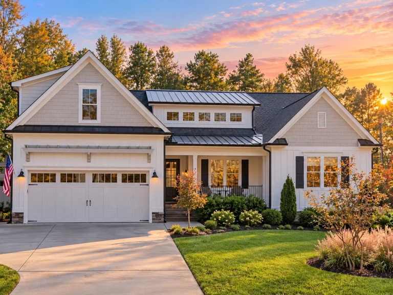 Front elevation of a modern farmhouse New American home with board-and-batten siding, stone veneer base, covered porch, and 2-car garage