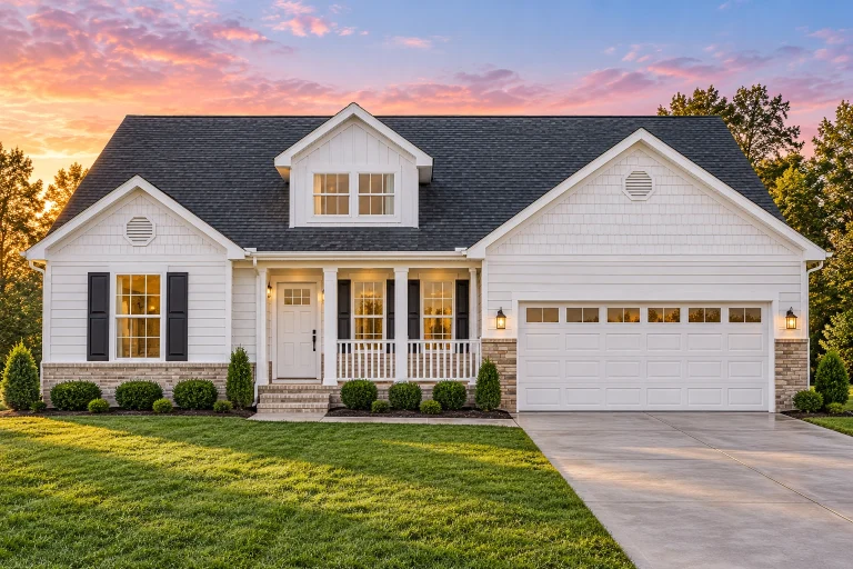 Contemporary House Plans 6 Front view of a Traditional Ranch suburban home with horizontal lap siding, brick foundation accents, covered front porch, dormer window, and attached 2-car garage