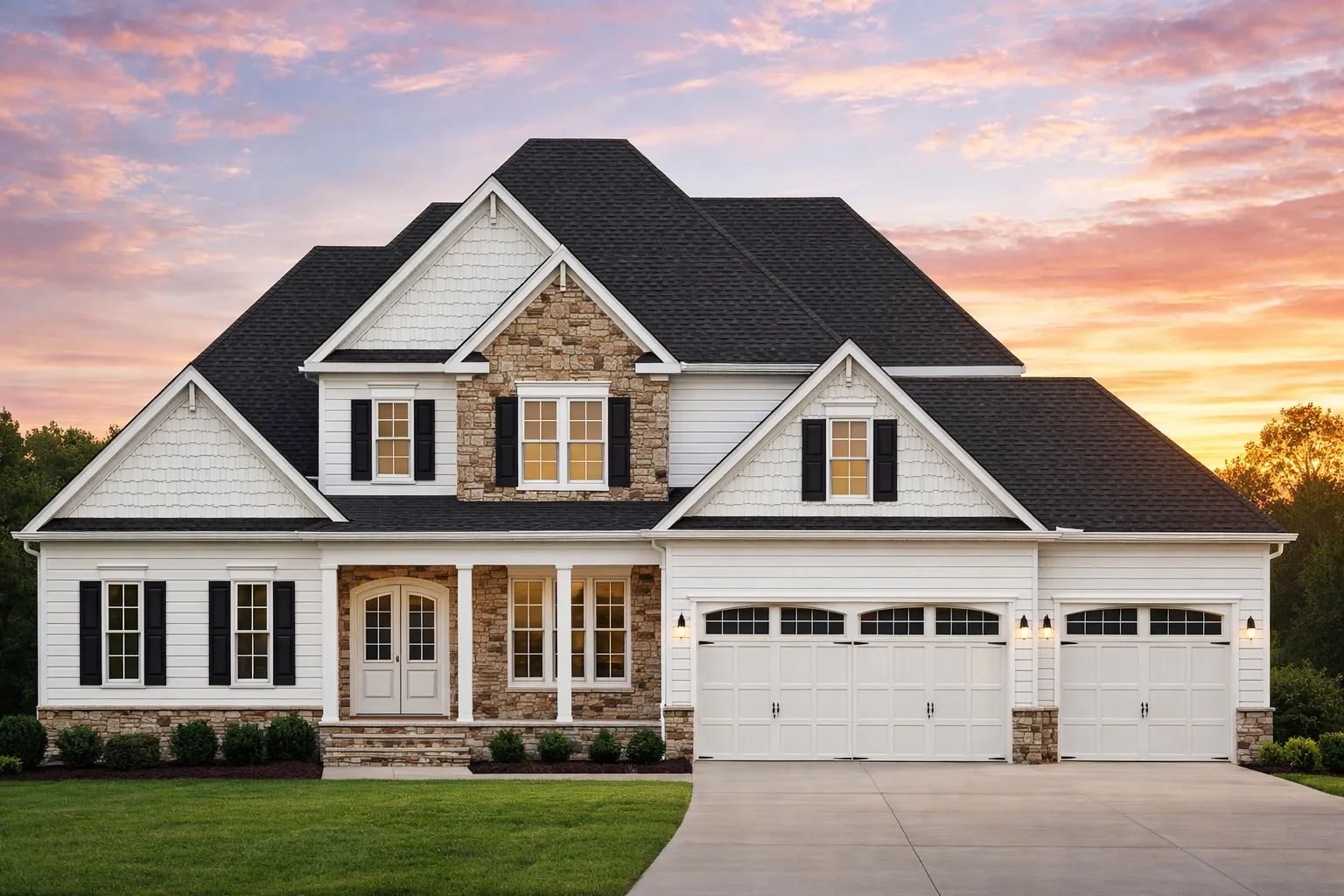 Front elevation of a Traditional brick suburban home featuring symmetrical gables, black shutters, classic entry, and a three-car garage