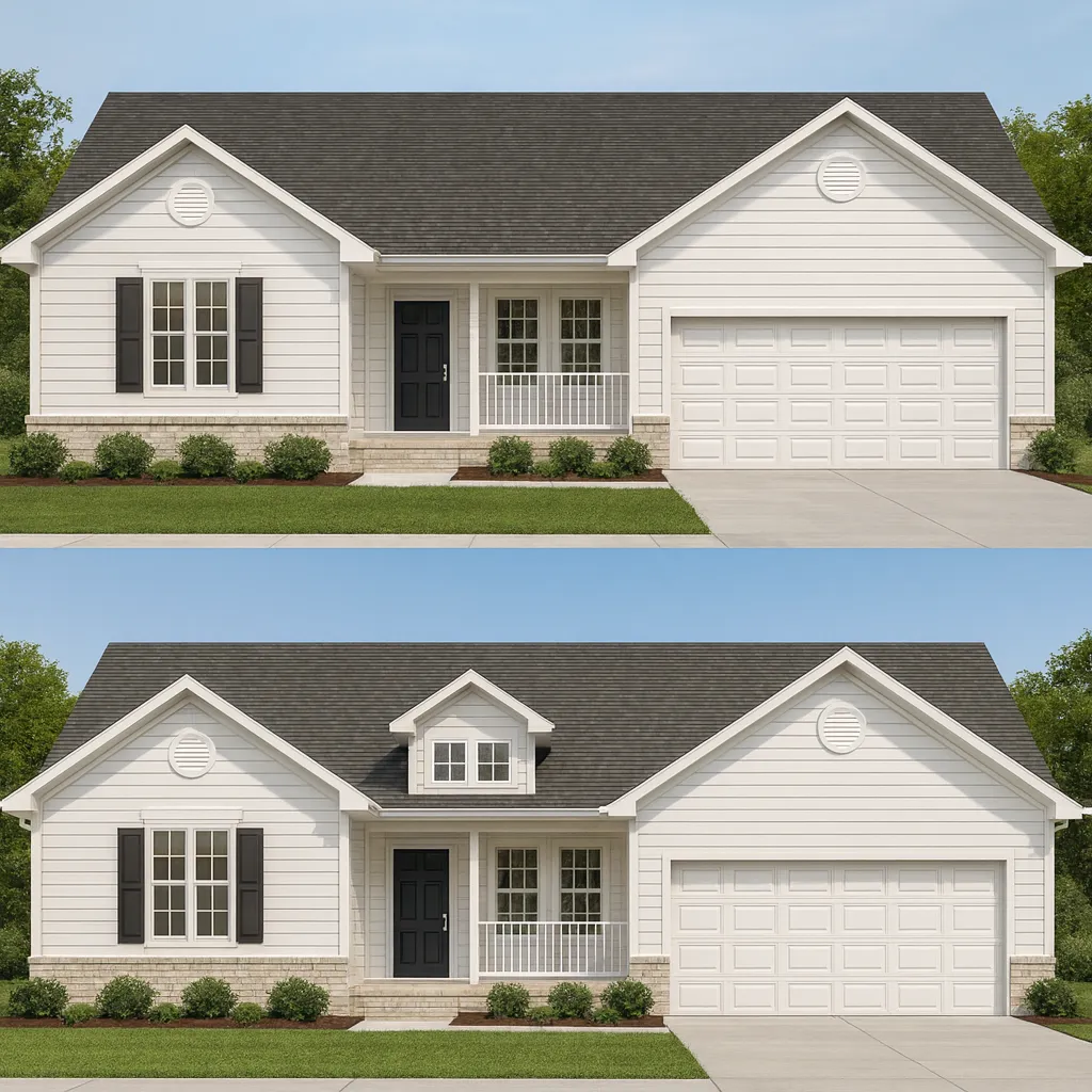 Foyer House Plans 25 Front view of a Traditional Ranch suburban home with horizontal lap siding, brick foundation accents, covered front porch, dormer window, and attached 2-car garage