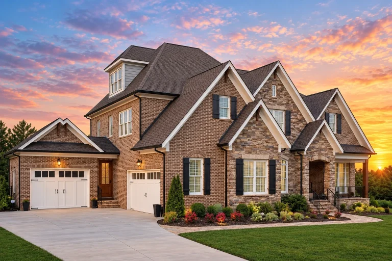 Front elevation of a Traditional Colonial and New American style home with brick exterior, steep gabled rooflines, and classic window detailing