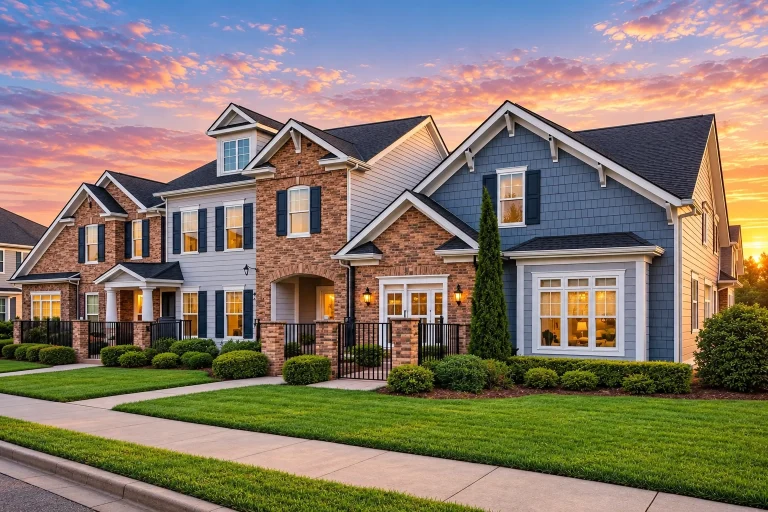 Front elevation of a New American style home with Traditional Colonial symmetry, stone veneer, lap siding, multiple gables, and an elegant arched entry
