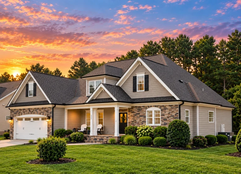 Front exterior of a New American style home featuring stone veneer, shingle siding, gabled rooflines, and a covered front porch