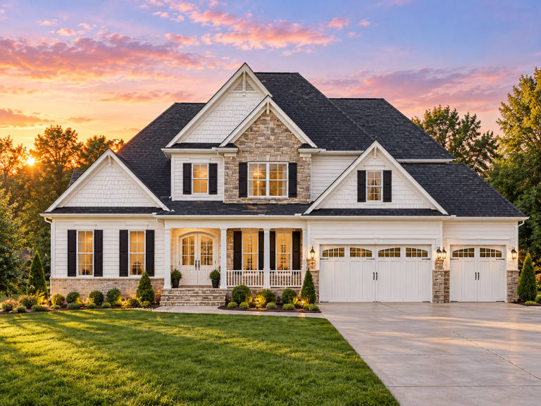 Front elevation of a Traditional brick suburban home featuring symmetrical gables, black shutters, classic entry, and a three-car garage