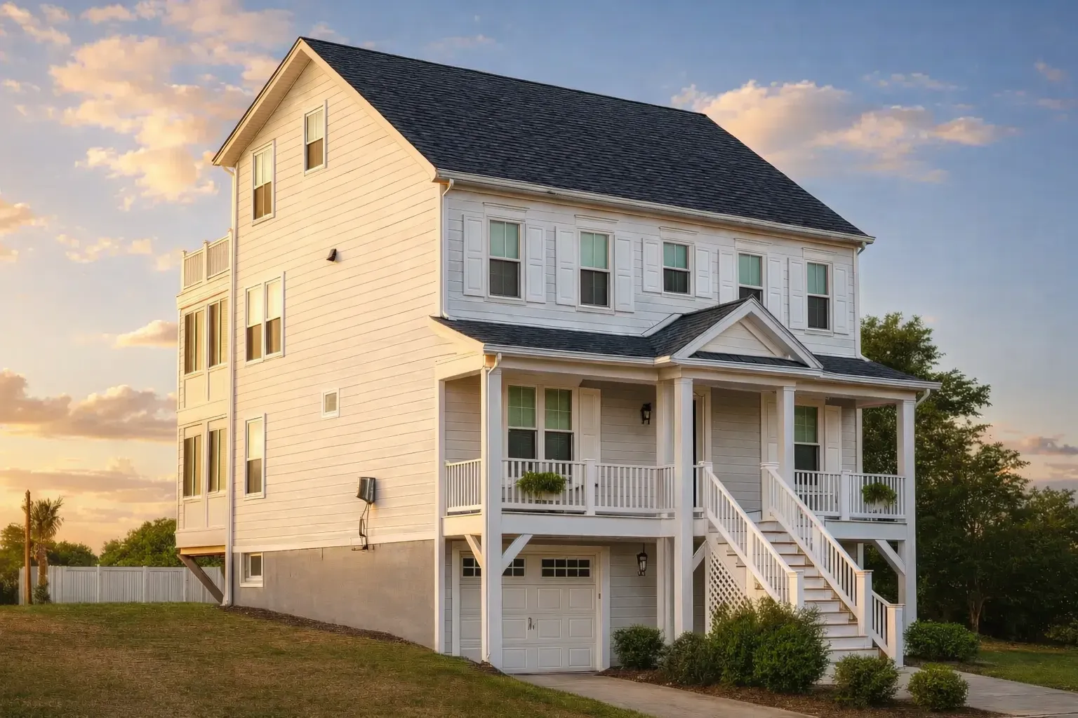 Elevated Coastal Traditional style house with horizontal siding, raised pier foundation, covered porches, and exterior staircase designed for coastal living