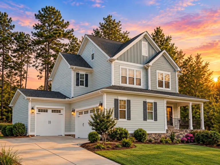 Front elevation of a New American modern farmhouse style home with board and batten siding, horizontal lap siding, stone foundation, and covered front porch