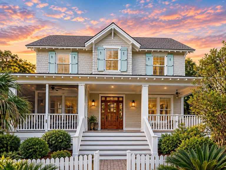 Front elevation of a Colonial Farmhouse style home featuring horizontal siding, board and batten gable, brick foundation, and a full-width covered porch