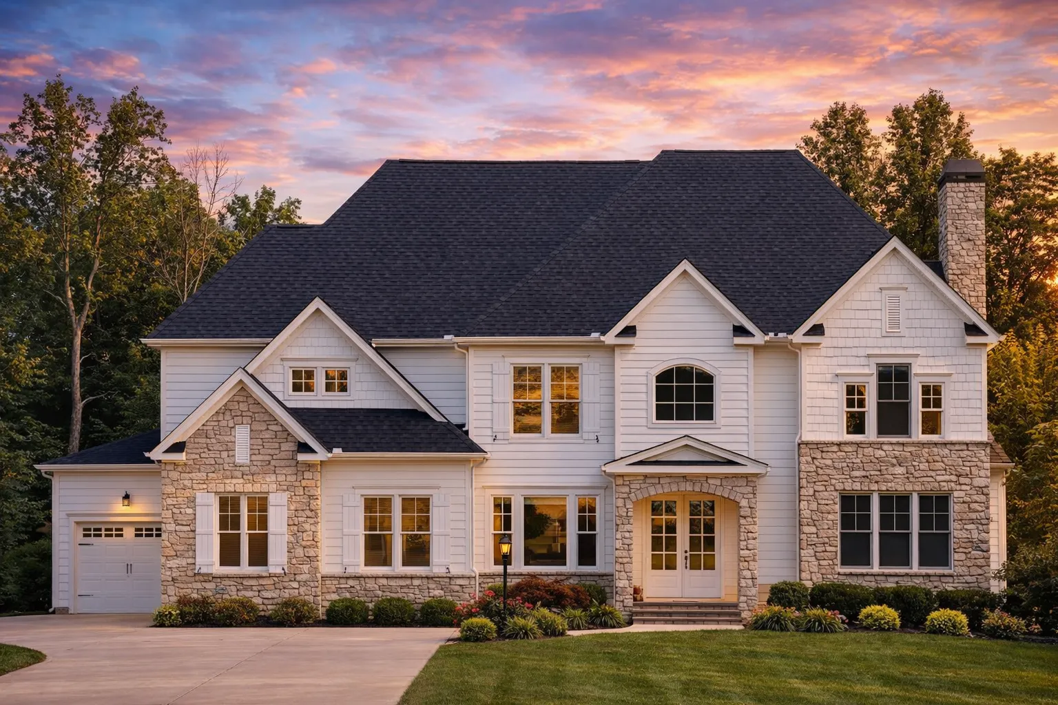 Front exterior of a New American Transitional style home featuring stone veneer, horizontal siding, steep gables, and a centered covered entry