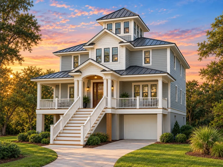 Front elevation of a coastal beach house with elevated foundation, horizontal siding, standing seam metal roof, and wraparound porches