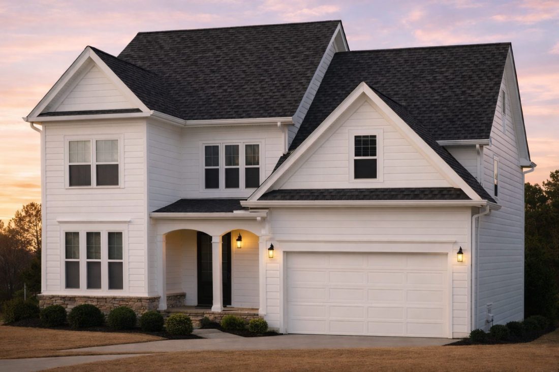 Front elevation of a New American traditional two-story house with white lap siding, stone accents, dark garage doors, and symmetrical windows