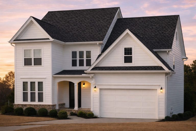 Front elevation of a New American traditional two-story house with white lap siding, stone accents, dark garage doors, and symmetrical windows