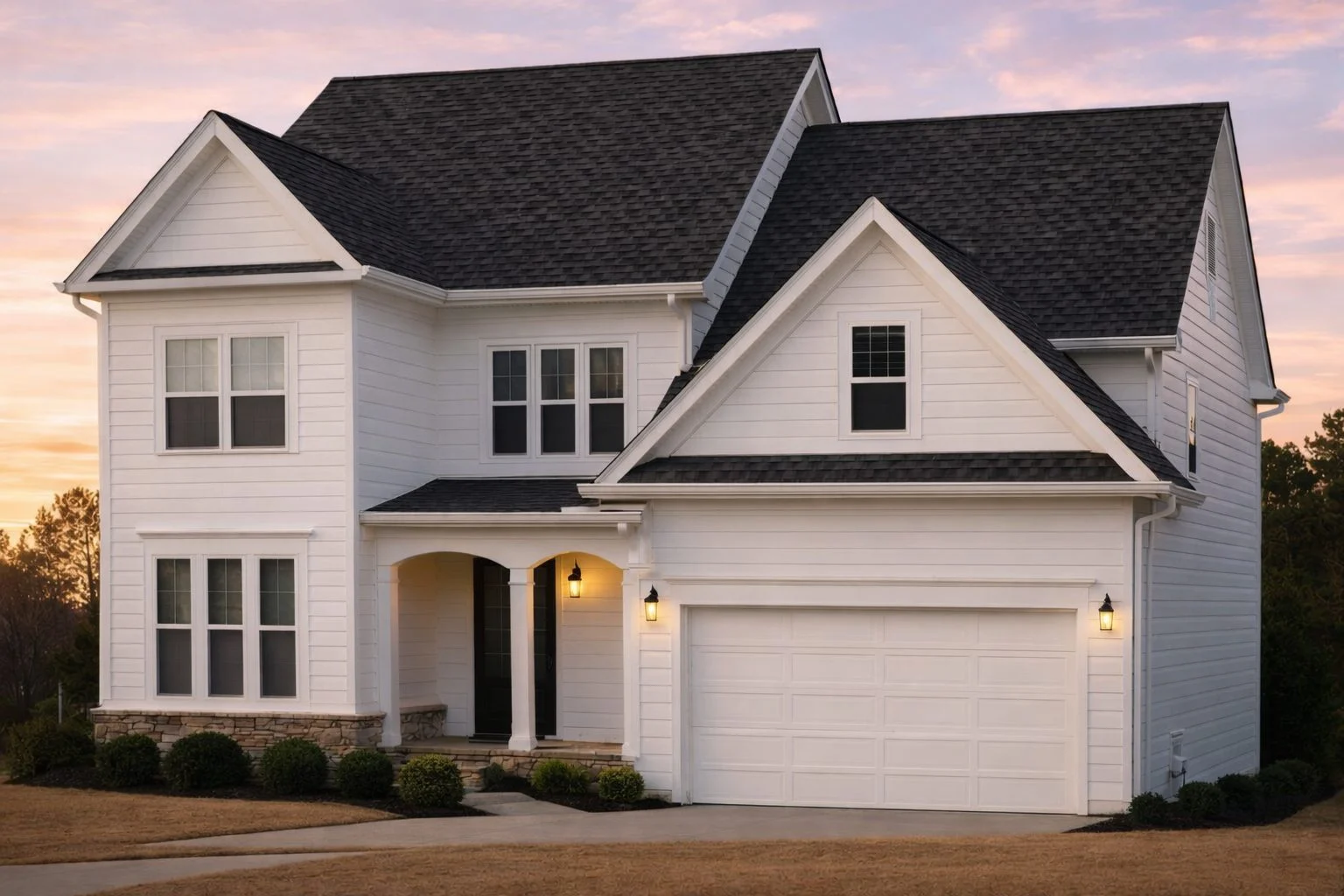 Front elevation of a New American traditional two-story house with white lap siding, stone accents, dark garage doors, and symmetrical windows