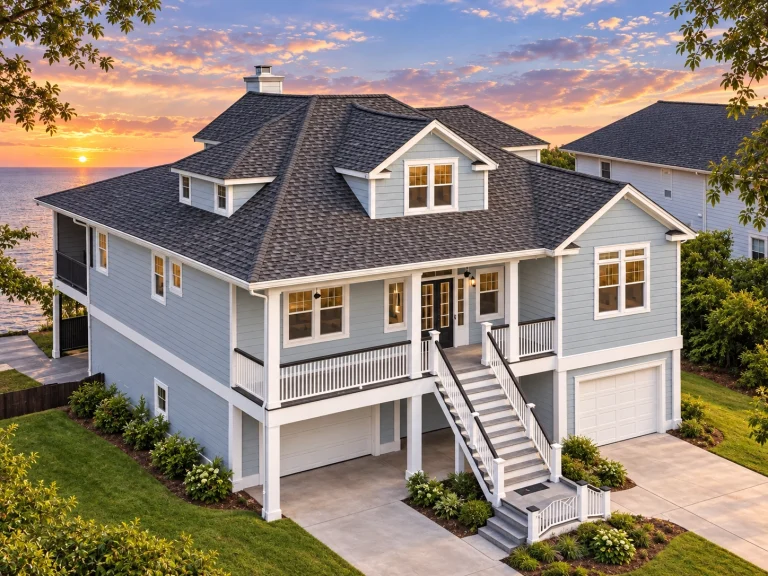 Rustic Farmhouse House Plans 2 Front elevation of Coastal Traditional elevated beach house with lap siding, metal roof accents, double porches, and exterior staircase