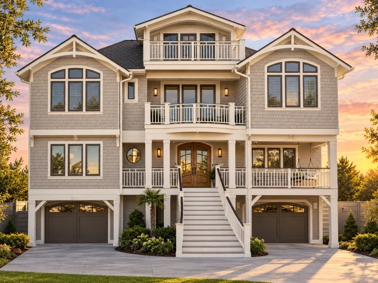 Georgian House Plans 15 Front elevation of luxury coastal shingle style beach house with cedar shingles, board and batten gables, elevated entry, balconies, and double garage