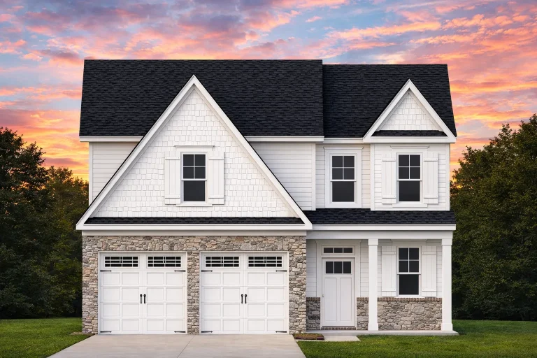 Front elevation of a New American traditional home featuring brick accents, horizontal siding, symmetrical windows, and a two-car garage