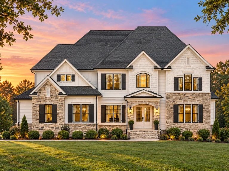 Front exterior of a New American Transitional style home featuring stone veneer, horizontal siding, steep gables, and a centered covered entry