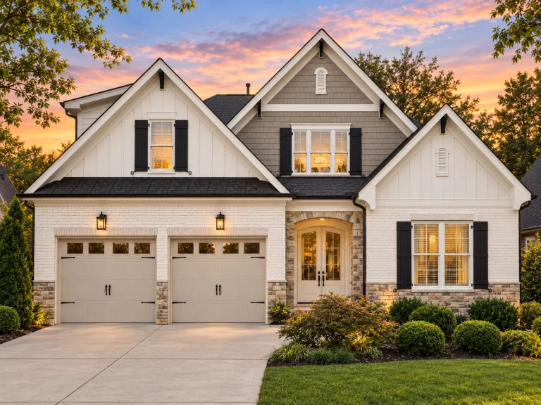 Front elevation of a New American style home with brick and siding exterior, wood shutters, steep gable roof, and double garage