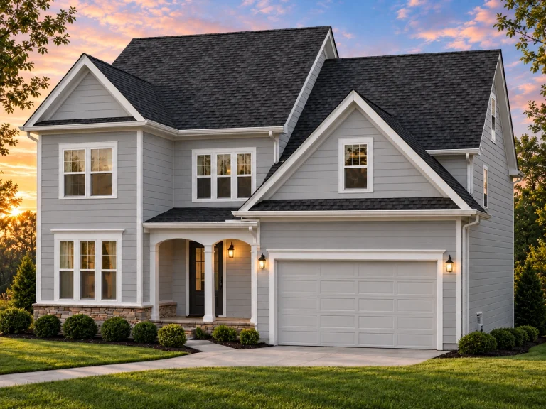 Front elevation of a New American traditional two-story house with white lap siding, stone accents, dark garage doors, and symmetrical windows