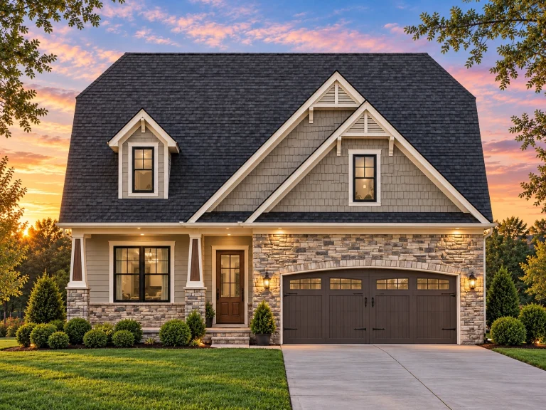House Plans with Spacious Laundry Room 22 Front elevation of New American traditional home with brick exterior, shake siding gable, and two-car garage