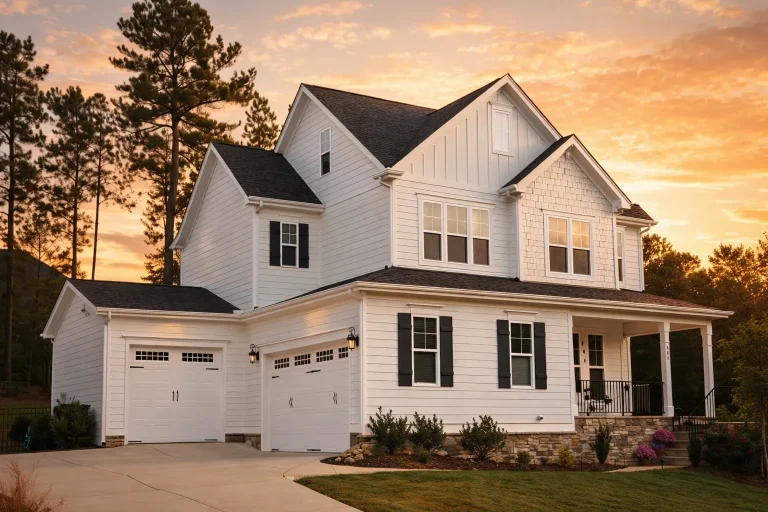 Front elevation of a New American modern farmhouse style home with board and batten siding, horizontal lap siding, stone foundation, and covered front porch