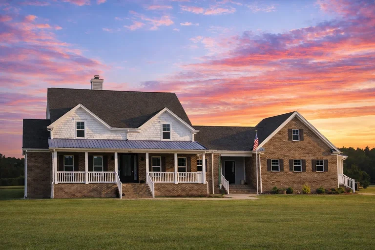 Front elevation of a New American style home with brick exterior, lap siding accents, covered front porch, and symmetrical gabled roofline