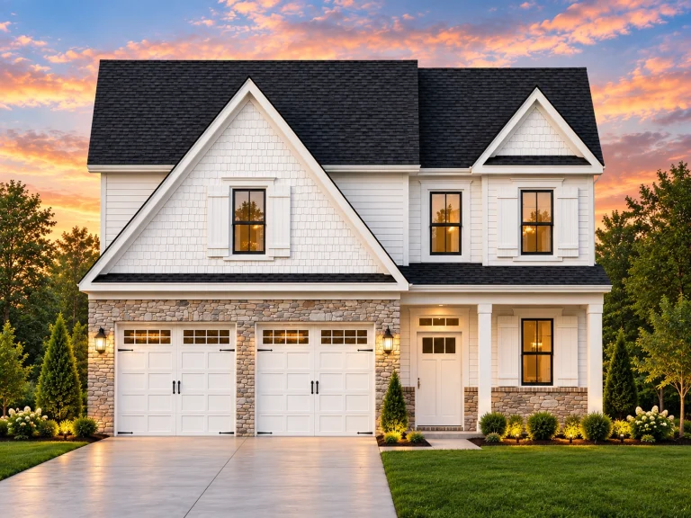 Front elevation of a New American traditional home featuring brick accents, horizontal siding, symmetrical windows, and a two-car garage