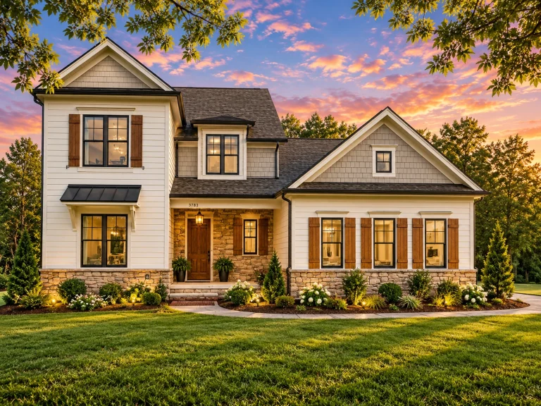 Front elevation of a New American style two-story house with horizontal siding, symmetrical windows, and traditional colonial detailing