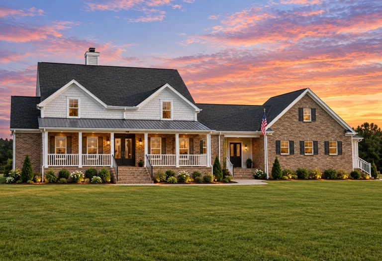 Front elevation of a New American style home with brick exterior, lap siding accents, covered front porch, and symmetrical gabled roofline