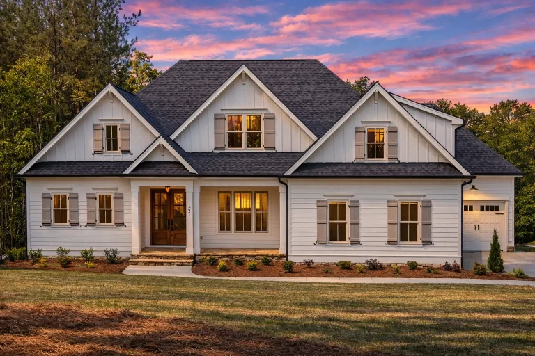Front elevation of a New American Modern Traditional house featuring painted lap siding, symmetrical Colonial-inspired façade, and gabled rooflines