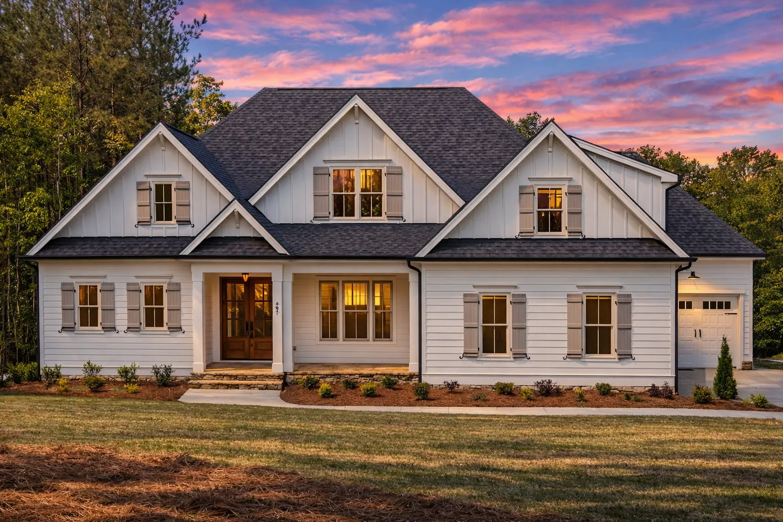 House Plans with Functional Layout 13 Front elevation of a New American Modern Traditional house featuring painted lap siding, symmetrical Colonial-inspired façade, and gabled rooflines