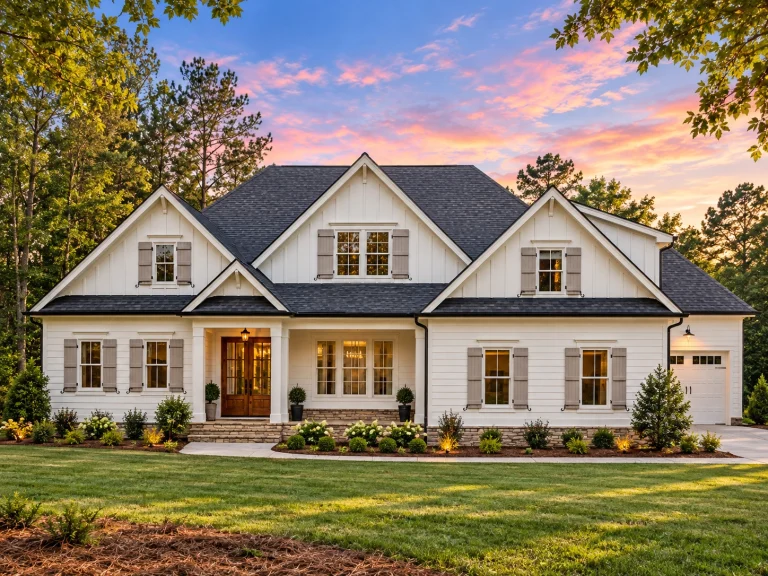 Modern Suburban House Plans 14 Front elevation of a New American Modern Traditional house featuring painted lap siding, symmetrical Colonial-inspired façade, and gabled rooflines