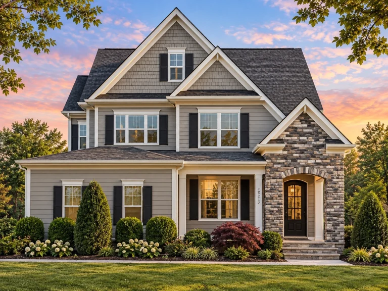 Modern Suburban House Plans 10 Front elevation of a New American style home with horizontal siding, stone accents, symmetrical gables, and classic suburban curb appeal