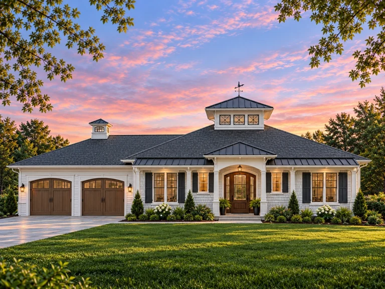 Front view of a Traditional Ranch style home featuring a balanced Colonial influence, stone and horizontal siding exterior, and symmetrical two-car garage design