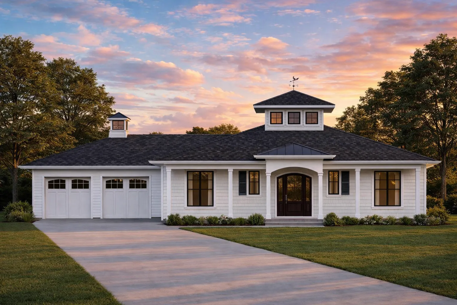 Front view of a Traditional Ranch style home featuring a balanced Colonial influence, stone and horizontal siding exterior, and symmetrical two-car garage design