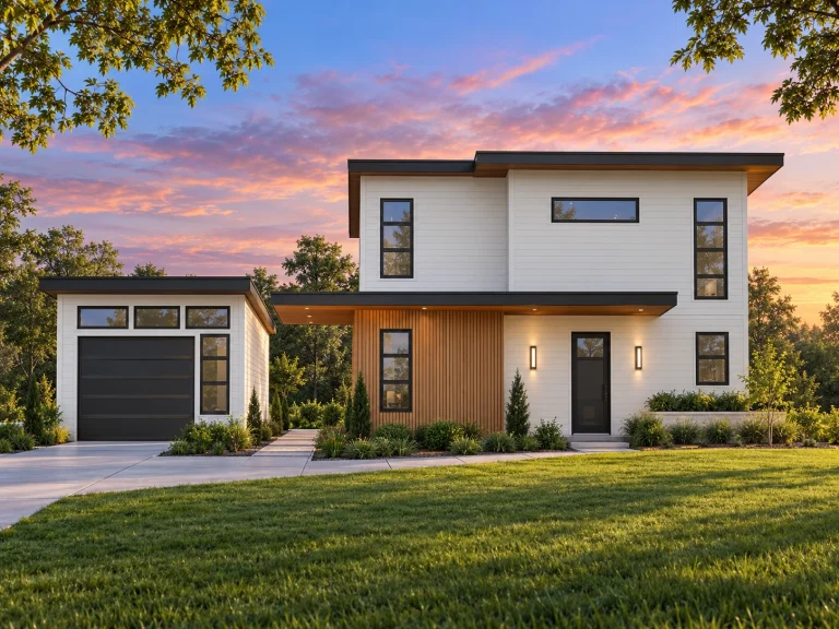 House Plans with Fireplace 13 Front view of a Modern Contemporary style home featuring clean lines, flat roof, and smooth concrete exterior surrounded by lush greenery